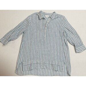 J.Jill Love Linen Woman S Tunic Blouse Blue White Stripe Beachy Summer